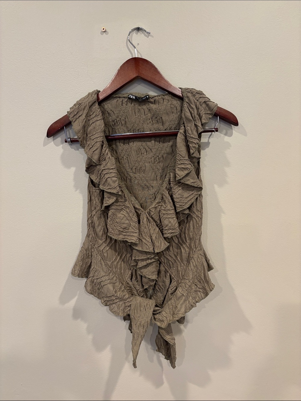 Zara Textured Ruffle Asymmetrical Sleeveless Top Taupe Size XS